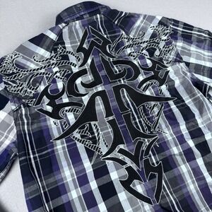 Roar Signature Reward Button Shirt Men XXL Long Sleeve Embroidered Purple Plaid
